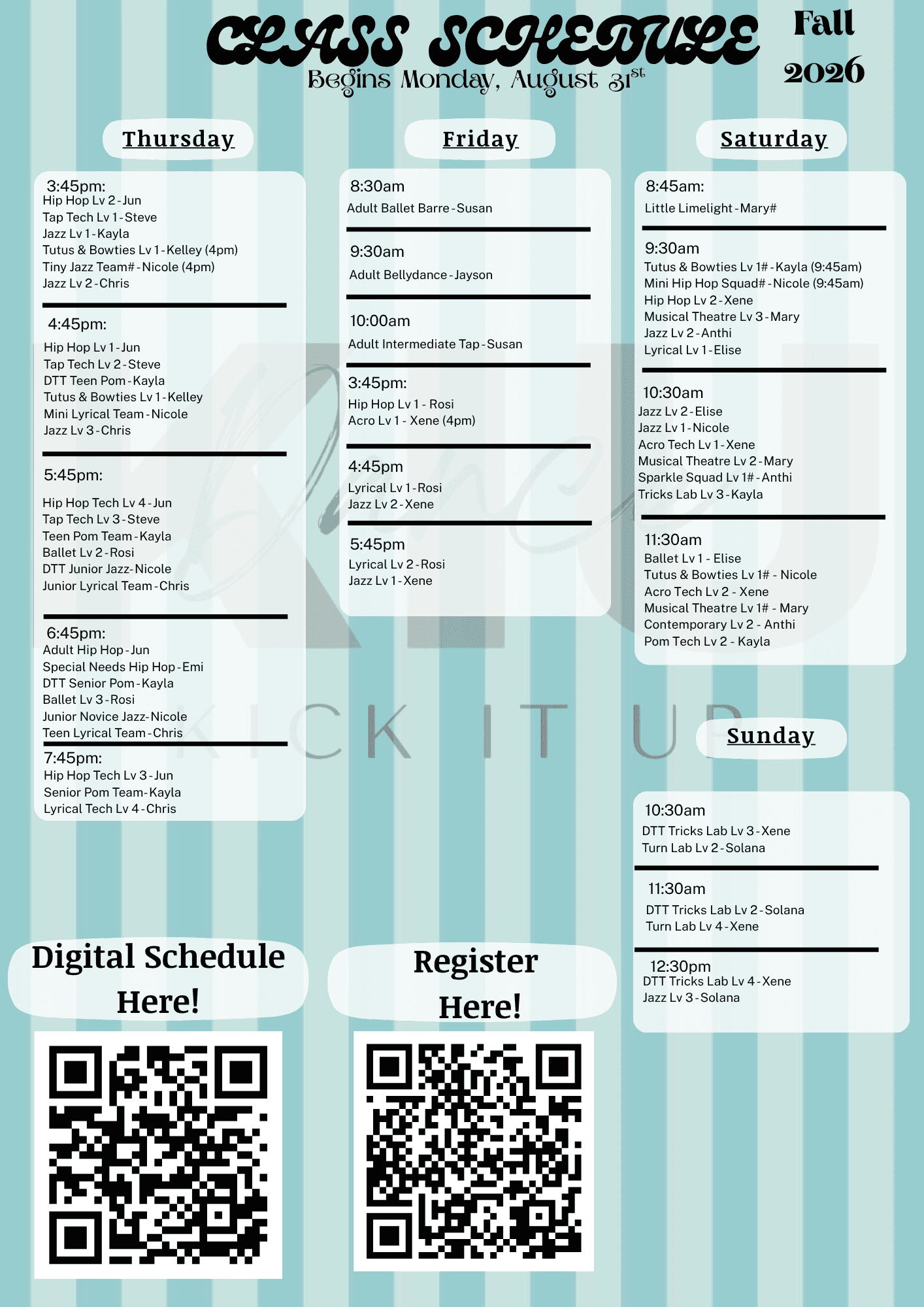 Kick It Up 2026–2027 class schedule for Thursday through Sunday, including digital schedule and registration QR codes.